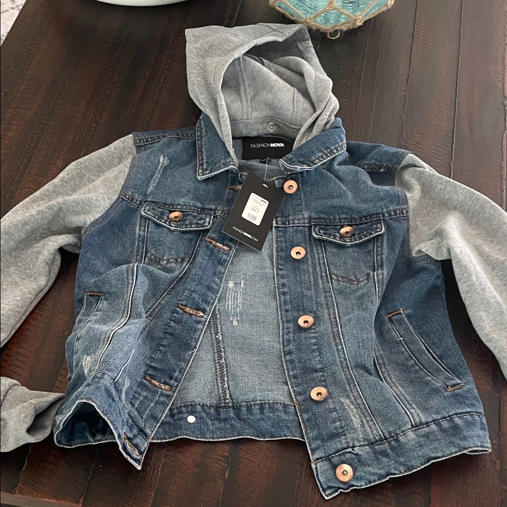 Denim Jacket with Gray Hoodie and Sleeves Size S
